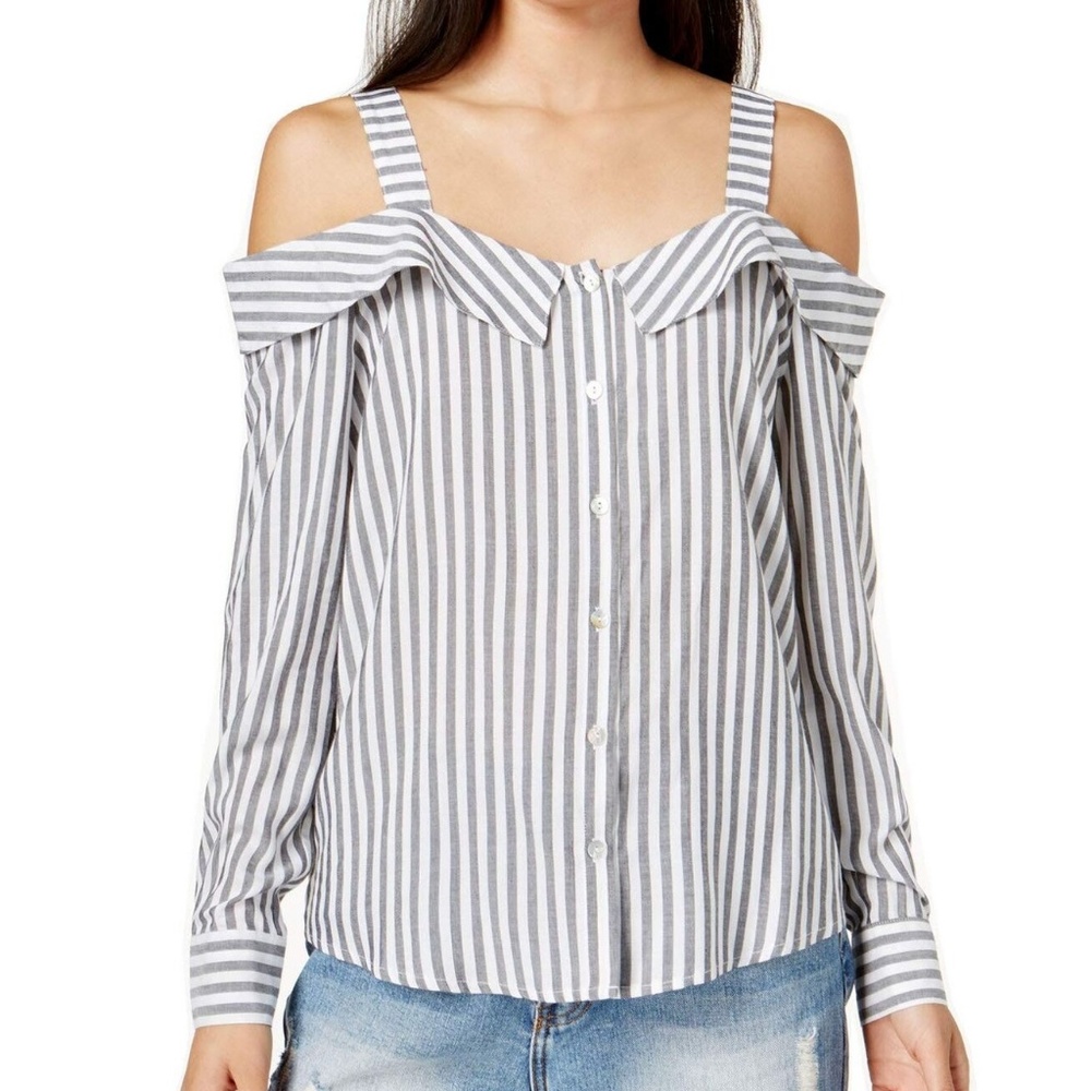 MINKPINK Striped Cold Shoulder Shirt Black White S